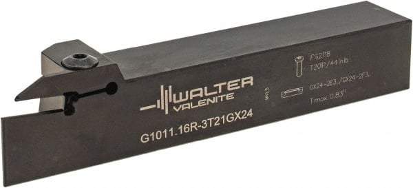Walter - External Thread, 0.827" Max Depth of Cut, 3mm Min Groove Width, 150.01mm OAL, Right Hand Indexable Grooving Cutoff Toolholder - 25.4mm Shank Height x 25.4mm Shank Width, GX24-2E3/F3.. Insert Style, G1011 Toolholder Style - Americas Industrial Supply
