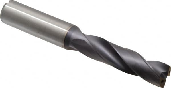 Kennametal - 9/16" 180° Spiral Flute Solid Carbide Screw Machine Drill Bit - TiAlN Finish, Right Hand Cut, 2-9/16" Flute Length, 115mm OAL, Flat-Bottom Point, Straight Shank, Through Coolant - Americas Industrial Supply