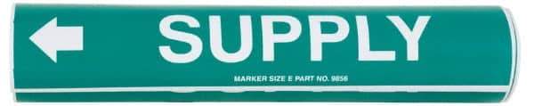 Made in USA - Pipe Marker with Supply Legend and Arrow Graphic - 4-5/8 to 5-7/8" Pipe Outside Diam, White on Green - Americas Industrial Supply