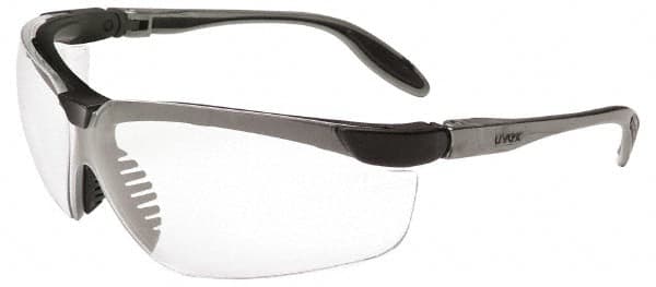 Uvex - Clear Lenses, Framed Safety Glasses - Scratch Resistant, Pewter/Black Polycarbonate with Elastomer Frame, Adjustable Temples, Size S, Wrap Around - Americas Industrial Supply