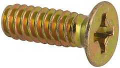 Made in USA - #6-32 UNC, 7/16" OAL Phillips Drive Machine Screw - Flat Head, Grade 3 Steel, Yellow Cadmium-Plated Finish, Without Washer - Americas Industrial Supply
