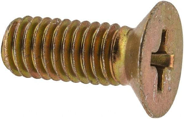 Made in USA - #10-32 UNF, 1/2" OAL Phillips Drive Machine Screw - Flat Head, Grade 3 Steel, Yellow Cadmium-Plated Finish, Without Washer - Americas Industrial Supply