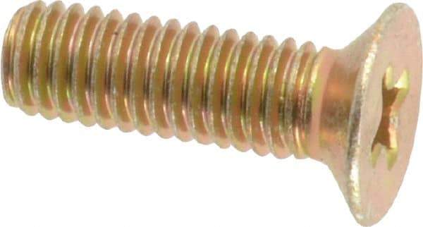 Made in USA - #10-32 UNF, 5/8" OAL Phillips Drive Machine Screw - Flat Head, Grade 3 Steel, Yellow Cadmium-Plated Finish, Without Washer - Americas Industrial Supply