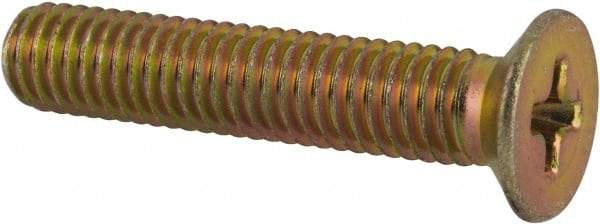 Made in USA - #10-32 UNF, 1" OAL Phillips Drive Machine Screw - Flat Head, Grade 3 Steel, Yellow Cadmium-Plated Finish, Without Washer - Americas Industrial Supply