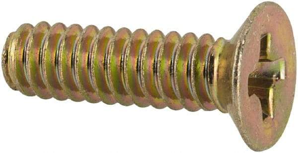 Made in USA - #6-32 UNC, 1/2" OAL Phillips Drive Machine Screw - Flat Head, Grade 3 Steel, Yellow Cadmium-Plated Finish, Without Washer - Americas Industrial Supply