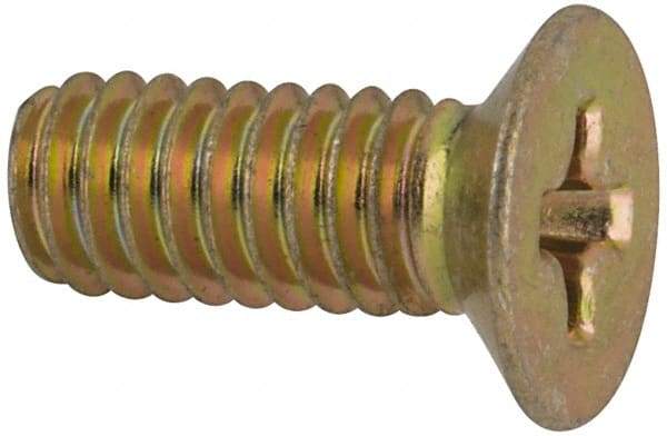 Made in USA - #8-32 UNC, 7/16" OAL Phillips Drive Machine Screw - Flat Head, Grade 3 Steel, Yellow Cadmium-Plated Finish, Without Washer - Americas Industrial Supply
