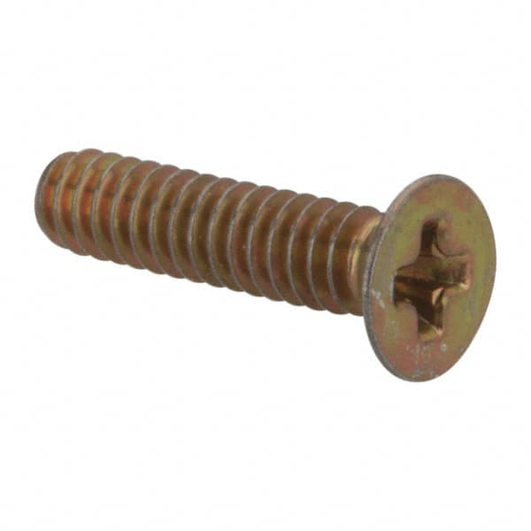 Made in USA - #4-40 UNC, 1/2" OAL Phillips Drive Machine Screw - Flat Head, Grade 3 Steel, Yellow Cadmium-Plated Finish, Without Washer - Americas Industrial Supply