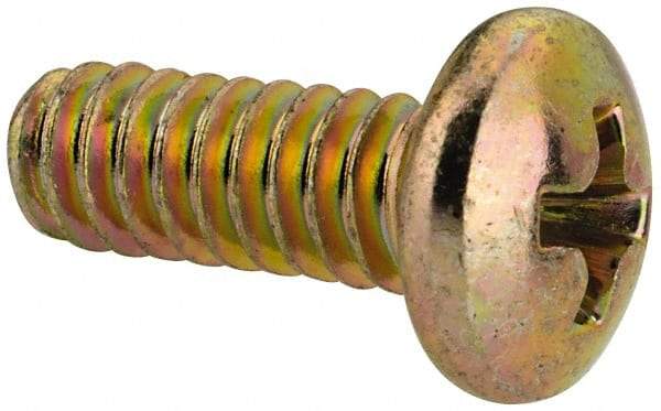 Made in USA - #10-24 UNC, 1/2" Length Under Head Phillips Drive Machine Screw - Pan Head, Grade 3 Steel, Yellow Cadmium-Plated Finish, Without Washer - Americas Industrial Supply