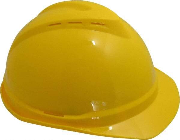 MSA - ANSI Type I, Class C Rated, 4-Point, Ratchet Adjustment Hard Hat - Size 6-1/2 to 8, Yellow, Standard Brim, Vented - Americas Industrial Supply