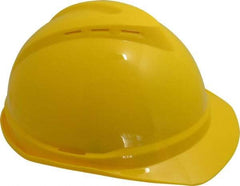MSA - ANSI Type I, Class C Rated, 4-Point, Ratchet Adjustment Hard Hat - Size 6-1/2 to 8, Yellow, Standard Brim, Vented - Americas Industrial Supply