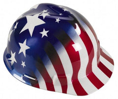 MSA - ANSI Type I, Class E Rated, 4-Point, Ratchet Adjustment Hard Hat - Size 6-1/2 to 8, Colored Graphics, Standard Brim, Stars & Stripes - Americas Industrial Supply