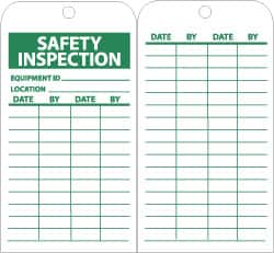 NMC - 3" High x 6" Long, SAFETY INSPECTION, English Safety & Facility Lockout Tag - Tag Header: Notice, 2 Sides, Green & White Unrippable Vinyl - Americas Industrial Supply