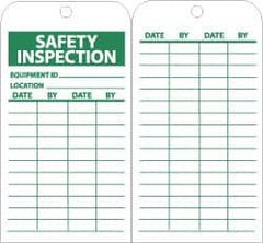 NMC - 3" High x 6" Long, SAFETY INSPECTION, English Safety & Facility Lockout Tag - Tag Header: Notice, 2 Sides, Green & White Unrippable Vinyl - Americas Industrial Supply
