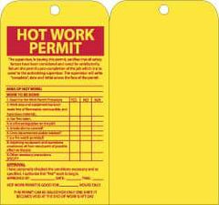 NMC - 4" High x 7-1/2" Long, HOT WORK PERMIT, English Safety & Facility Accident Prevention Tag - Tag Header: Notice, 1 Side, Yellow & Red Unrippable Vinyl - Americas Industrial Supply
