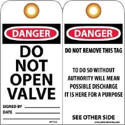 NMC - 3" High x 6" Long, DANGER - DO NOT OPEN VALVE, English Safety & Facility Lockout Tag - Tag Header: Danger, 2 Sides, Black, Red & White Unrippable Vinyl - Americas Industrial Supply