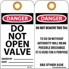 NMC - 3" High x 6" Long, DANGER - DO NOT OPEN VALVE, English Safety & Facility Lockout Tag - Tag Header: Danger, 2 Sides, Black, Red & White Unrippable Vinyl - Americas Industrial Supply