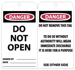 NMC - 3" High x 6" Long, DANGER - DO NOT OPEN, English Safety & Facility Lockout Tag - Tag Header: Danger, 2 Sides, Black, Red & White Unrippable Vinyl - Americas Industrial Supply