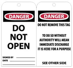 NMC - 3" High x 6" Long, DANGER - DO NOT OPEN, English Safety & Facility Lockout Tag - Tag Header: Danger, 2 Sides, Black, Red & White Unrippable Vinyl - Americas Industrial Supply