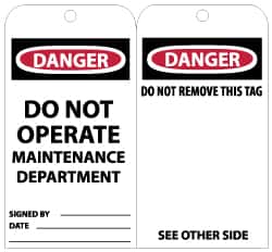 NMC - 3" High x 6" Long, DANGER - DO NOT OPERATE - MAINTENANCE DEPARTMENT, English Safety & Facility Lockout Tag - Tag Header: Danger, 2 Sides, Black, Red & White Unrippable Vinyl - Americas Industrial Supply