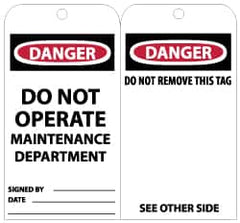 NMC - 3" High x 6" Long, DANGER - DO NOT OPERATE - MAINTENANCE DEPARTMENT, English Safety & Facility Lockout Tag - Tag Header: Danger, 2 Sides, Black, Red & White Unrippable Vinyl - Americas Industrial Supply