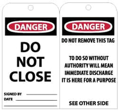 NMC - 3" High x 6" Long, DANGER - DO NOT CLOSE, English Safety & Facility Lockout Tag - Tag Header: Danger, 2 Sides, Black, Red & White Unrippable Vinyl - Americas Industrial Supply