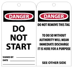 NMC - 3" High x 6" Long, DANGER - DO NOT START, English Safety & Facility Lockout Tag - Tag Header: Danger, 2 Sides, Black, Red & White Unrippable Vinyl - Americas Industrial Supply