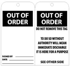 NMC - 3" High x 6" Long, OUT OF ORDER, English Safety & Facility Lockout Tag - Tag Header: CAUTION, 2 Sides, Black & White Unrippable Vinyl - Americas Industrial Supply