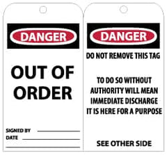 NMC - 3" High x 6" Long, DANGER - OUT OF ORDER, English Safety & Facility Lockout Tag - Tag Header: Danger, 2 Sides, Black, Red & White Unrippable Vinyl - Americas Industrial Supply