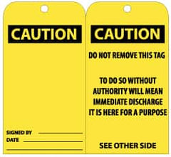 NMC - 3" High x 6" Long, CAUTION, English Safety & Facility Lockout Tag - Tag Header: CAUTION, 2 Sides, Black & Yellow Unrippable Vinyl - Americas Industrial Supply