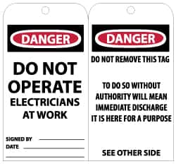 NMC - 3" High x 6" Long, DANGER - DO NOT OPERATE - ELECTRICIANS AT WORK, English Safety & Facility Lockout Tag - Tag Header: Danger, 2 Sides, Black, Red & White Unrippable Vinyl - Americas Industrial Supply