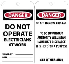 NMC - 3" High x 6" Long, DANGER - DO NOT OPERATE - ELECTRICIANS AT WORK, English Safety & Facility Lockout Tag - Tag Header: Danger, 2 Sides, Black, Red & White Unrippable Vinyl - Americas Industrial Supply