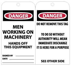 NMC - 3" High x 6" Long, DANGER - MEN WORKING ON MACHINERY - HANDS OFF THIS EQUIPMENT, English Safety & Facility Lockout Tag - Tag Header: Danger, 2 Sides, Black, Red & White Unrippable Vinyl - Americas Industrial Supply