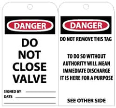 NMC - 3" High x 6" Long, DANGER - DO NOT CLOSE VALVE, English Safety & Facility Lockout Tag - Tag Header: Danger, 2 Sides, Black, Red & White Unrippable Vinyl - Americas Industrial Supply