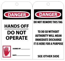 NMC - 3" High x 6" Long, DANGER - HANDS OFF - DO NOT OPERATE, English Safety & Facility Lockout Tag - Tag Header: Danger, 2 Sides, Black, Red & White Unrippable Vinyl - Americas Industrial Supply