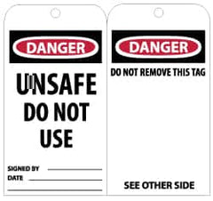 NMC - 3" High x 6" Long, DANGER - UNSAFE DO NOT USE, English Safety & Facility Lockout Tag - Tag Header: Danger, 2 Sides, Black, Red & White Unrippable Vinyl - Americas Industrial Supply