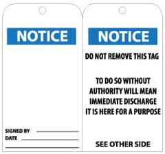 NMC - 3" High x 6" Long, Notice, English Safety & Facility Lockout Tag - Tag Header: Notice, 2 Sides, Black, White & Blue Unrippable Vinyl - Americas Industrial Supply