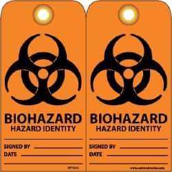 NMC - 3" High x 6" Long, BIOHAZARD - HAZARD IDENTITY, English Safety & Facility Accident Prevention Tag - Tag Header: Warning, 2 Sides, Black & Orange Unrippable Vinyl - Americas Industrial Supply