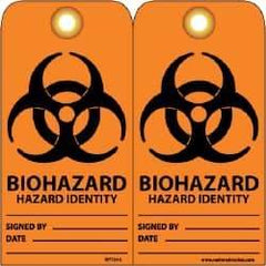 NMC - 3" High x 6" Long, BIOHAZARD - HAZARD IDENTITY, English Safety & Facility Accident Prevention Tag - Tag Header: Warning, 2 Sides, Black & Orange Unrippable Vinyl - Americas Industrial Supply