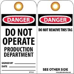 NMC - 3" High x 6" Long, DANGER - DO NOT OPERATE - PRODUCTION DEPARTMENT, English Safety & Facility Lockout Tag - Tag Header: Danger, 2 Sides, Black, Red & White Unrippable Vinyl - Americas Industrial Supply