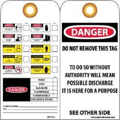 NMC - 3" High x 6" Long, DANGER - TOXIC ACID ALKALINE FLAMMABLE COMBUSTIBLE USE VENTILATION, English Safety & Facility Accident Prevention Tag - Tag Header: Danger, 2 Sides, Black, Red & White Unrippable Vinyl - Americas Industrial Supply