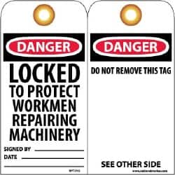 NMC - 3" High x 6" Long, DANGER - LOCKED TO PROJECT WORKMEN REPAIRING MACHINERY, English Safety & Facility Lockout Tag - Tag Header: Danger, 2 Sides, Black, Red & White Unrippable Vinyl - Americas Industrial Supply