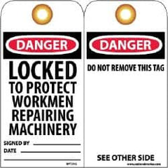 NMC - 3" High x 6" Long, DANGER - LOCKED TO PROJECT WORKMEN REPAIRING MACHINERY, English Safety & Facility Lockout Tag - Tag Header: Danger, 2 Sides, Black, Red & White Unrippable Vinyl - Americas Industrial Supply