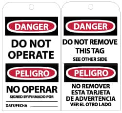 NMC - 3" High x 6" Long, DANGER - DO NOT OPERATE, English Safety & Facility Lockout Tag - Tag Header: Danger, 2 Sides, Black, Red & White Unrippable Vinyl - Americas Industrial Supply