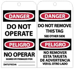 NMC - 3" High x 6" Long, DANGER - DO NOT OPERATE, English Safety & Facility Lockout Tag - Tag Header: Danger, 2 Sides, Black, Red & White Unrippable Vinyl - Americas Industrial Supply