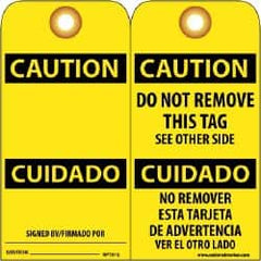 NMC - 3" High x 6" Long, CAUTION - SIGNED BY, English Safety & Facility Lockout Tag - Tag Header: CAUTION, 2 Sides, Black & Yellow Unrippable Vinyl - Americas Industrial Supply