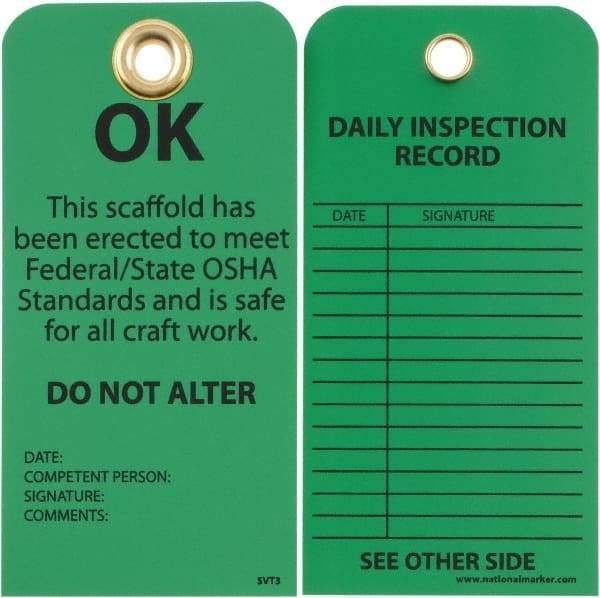 NMC - 3" High x 6" Long, OK - DO NOT ALTER, English Safety & Facility Inspection Tag - Tag Header: Notice, 2 Sides, Black & Green Unrippable Vinyl - Americas Industrial Supply