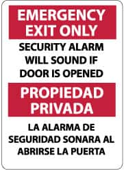 NMC - Emergency Exit Only - Security Alarm Will Sound If Door Is Opened, Pressure Sensitive Vinyl Exit Sign - 10" Wide x 14" High, English/Spanish - Americas Industrial Supply