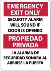 NMC - Emergency Exit Only - Security Alarm Will Sound If Door Is Opened, Aluminum Exit Sign - 10" Wide x 14" High, English/Spanish - Americas Industrial Supply
