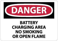 NMC - "Danger - Battery Charging Area - No Smoking or Open Flame", 7" Long x 10" Wide, Pressure-Sensitive Vinyl Safety Sign - Rectangle, 0.004" Thick, Use for Accident Prevention - Americas Industrial Supply