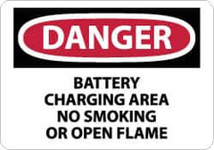 NMC - "Danger - Battery Charging Area - No Smoking or Open Flame", 10" Long x 14" Wide, Aluminum Safety Sign - Rectangle, 0.04" Thick, Use for Accident Prevention - Americas Industrial Supply